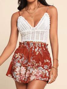 Coeurva Tie Back Crochet Cami Top & Paperbag Waist Floral Shorts Set Two Pieces Set - Multicolor - View 6