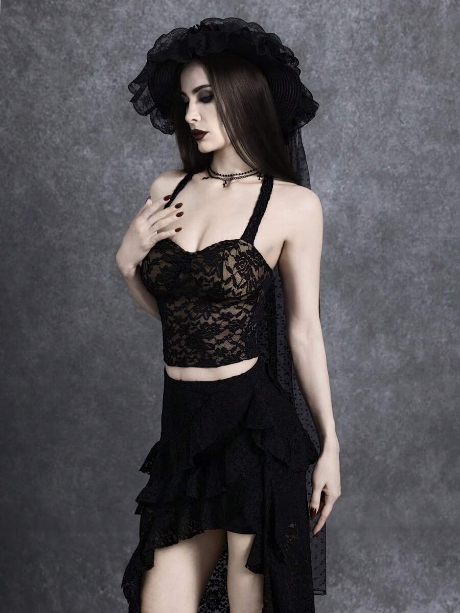 Glisette Summer New Lace Sexy Girl Street Style Camisole Top Gothic Top Gothic Summer Clothes Gothic Women Clothes Black Lace Lace Top Lace 2 Piece Set - Black - View 1