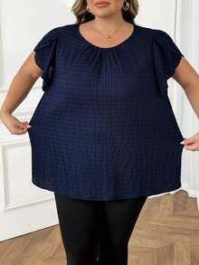 SHEIN CURVE+ 大码女式早春蓝色花瓣袖衬衫 - 藏蓝色 - 查看 9