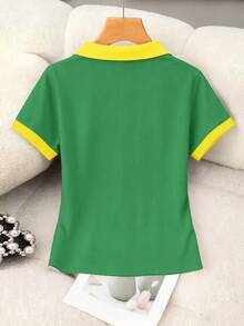 Rovax Women's Summer Casual Sports Letter Print Contrast Color Polo Shirt - Green - View 2