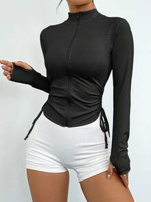 DAZY Women's Black Fitted Cinched Waist High Collar Sports Jacket, Summer - Black - View 3