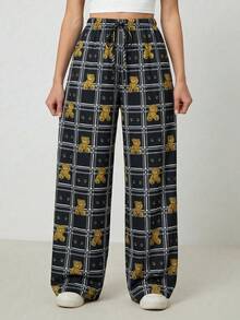 SHEIN Tall Quần ống rộng nữ kẻ caro in hình gấu hoạt hình, cạp chun, kiểu dáng thường ngày. - màu đen - Xem 6