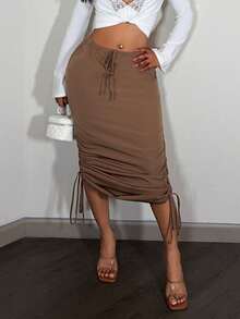 Slaydiva Women's Espresso Brown Summer High-Waisted Elastic Waist Side Hem Drawstring Skirt,Seksi Chic Night Out Y2K Street Sweet Style Skirt - Khaki - View 1