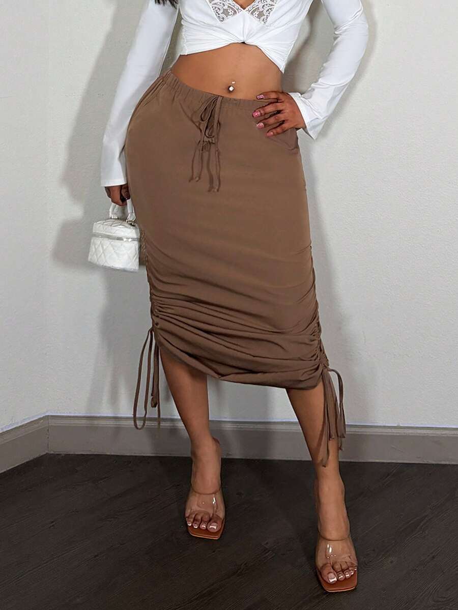 Slaydiva Women's Espresso Brown Summer High-Waisted Elastic Waist Side Hem Drawstring Skirt,Seksi Chic Night Out Y2K Street Sweet Style Skirt - Khaki - View 1