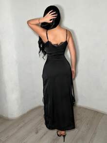 SHEIN SXY 优雅长款吊带裙，蕾丝边饰，开衩设计，收腰剪裁，非常适合派对和聚会。 - 黑色 - 查看 2