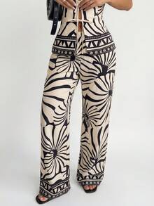 SHEIN SXY Women's Summer Vacation All-Over Print Tie Front Top And Pants Set,Summer, Spring,Beach,Going Out,Vacation - Multicolor - View 6