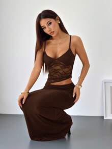 SHEIN PETITE 女款蕾絲拼接鏤空性感派對美人魚式細肩帶洋裝，夏季女裝，適合嬌小女性 - 棕色 - 查看 10