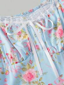 SHEIN MOD 粉色花卉蕾丝荷叶边花瓣袖连衣裙 - 淺藍色 - 查看 4