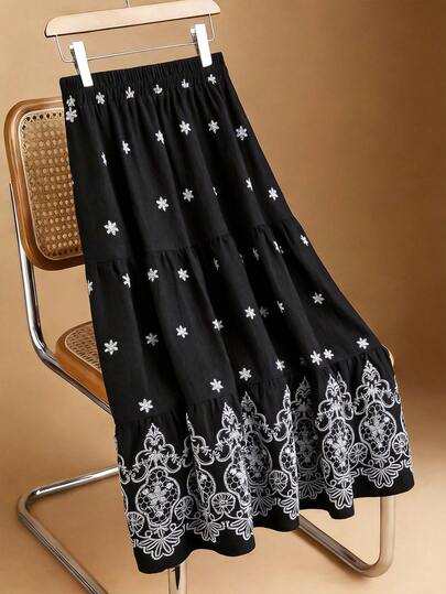 Nubod Plus Size Print Elastic Waist Multi-Layer Maxi Skirt, Elegant Casual Outdoor, Dating, Party, Holiday Skirt