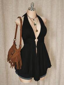 SHEIN ICON 大码 Y2K 风格镂空不对称下摆娃娃衫吊带针织背心 - 黑色 - 查看 3