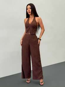 SHEIN PETITE 两件套女士纯色圆领落肩长袖休闲针织纹理套装，棕色，女士冬季毛衣，秋季女装，秋季女装，秋装，冬季套装，休闲女装，棕色套装，女士两件套家居服，舒适两件套，长袖套装，两件套女士舒适棕色优雅套装 - 棕色 - 查看 12