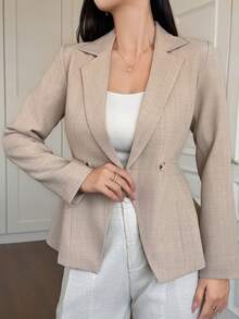 DAZY 女士休闲收腰西装外套，春季 - 杏色 - 查看 3