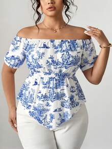 INAWLY Blouse ample pour femmes avec imprimé bleu et blanc de porcelaine, manches en pétale, taille haute, ourlet asymétrique, Top décontracté - Blanc - Voir 7