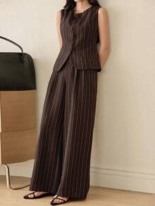 Dazy-Less Women's Striped Single-Breasted Vest And Wide-Leg Pants Casual Commuter 2 Pieces Set,Wedding Guest Dress Women - Brown - View 7