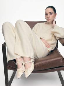 Mnmlis 女士新款灰色法式低跟尖头简约时尚羊毛玛丽珍鞋 - 米杏色 - 查看 8