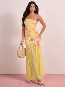 Enchnt French Style Printed Yellow Strapless Cinched Waist Dress - Yellow - View 5