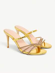 CUCCOO CHICEST Women's Rhinestone Embellished Elegant High Heel Slide Sandals - Gold - View 3