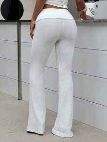 Flirla Quần ống loe cạp cao dệt kim gân trắng co giãn cao cấp dành cho nữ, kiểu dáng cổ điển, phù hợp cho mùa xuân/hè, ngọt ngào, dễ thương, thanh lịch, thường ngày, mặc ở nhà, tập yoga, đi chơi, hẹn hò, mặc hàng ngày, tối giản, đa năng. - trắng - Xem 2