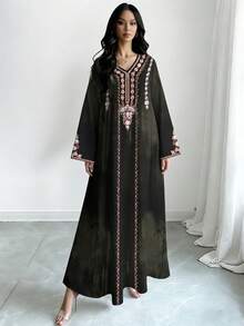 SHEIN Najma Floral Print V-Neck Long Sleeve Olive Green Maxi Dress, Elegant Arabic Style Clothing, Spring/Summer - Multicolor - View 3