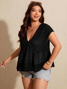 SHEIN Elaquor 大码女式V领蝙蝠袖宽松休闲衬衫 - 黑色 - 查看 5
