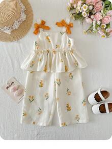 两件套女婴夏季可爱碎花吊带背心上衣搭配松紧腰裤 - 杏色 - 查看 4