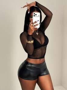 BamGleam 女士性感镂空渔网露脐紧身短款上衣 - 黑色 - 查看 4