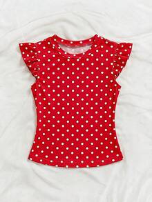 Soleia Women's Casual Polka Dot Print Ruffle Trim Round Neck T-Shirt, Summer - Red and White - View 4