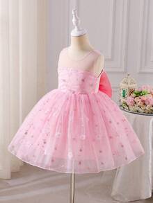 SHEIN Glamorique Kids Toddler Girls' Princess Dress, Pink Embroidered Dress, Sequins, 3D Flowers, Birthday Party, Wedding Holiday Dress, Flower Girl, Sleeveless, Back Bow Tie, Pearl - Pink - View 2
