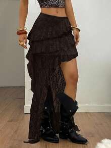 Coolane 女士夏季音乐会街头风度假波西米亚Y2K乡村音乐会辣妹蕾丝不对称荷叶边流苏白色低腰长裙 - 咖啡棕 - 查看 3