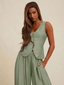 NYA SZN 女士套装（上衣+裤子）上衣背心深V领纽扣修身长裤高腰飘逸褶皱裤适合办公室、商务休闲、日常休闲、早午餐、端庄教堂、秋冬季通勤穿着 - 軍綠色 - 查看 4