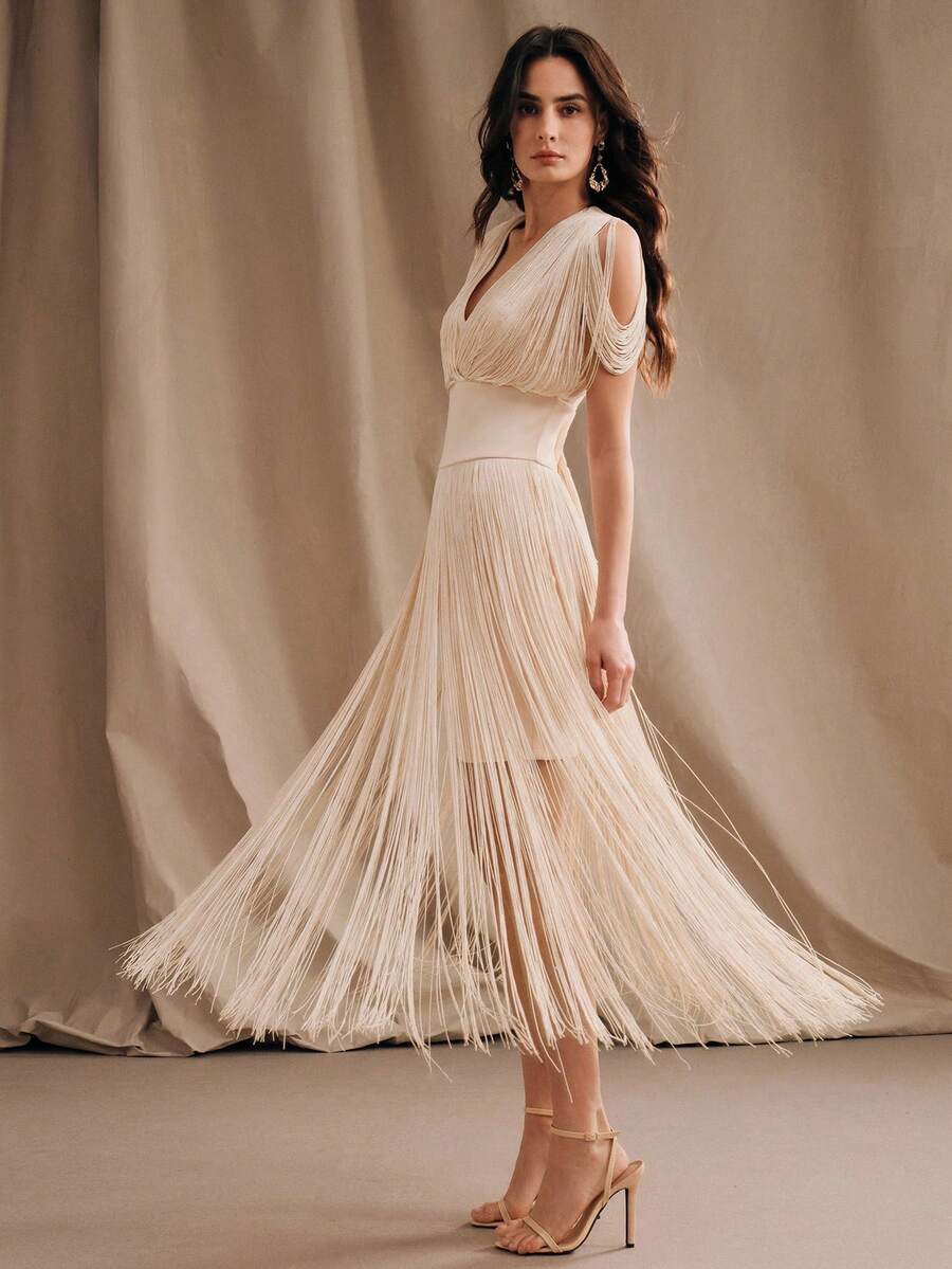 Anewsta 女士新款优雅深V领流苏腰身连衣裙,夏季连衣裙,派对连衣裙,夏季度假装,优雅连衣裙 - 杏色 - 查看 1