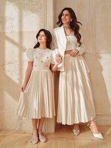 Anewsta Spring/Summer Sweet School Style Embroidered Pleated Girls' Jumper Dress - Apricot - View 5