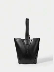 SHECARRY Tas Tangan Ember Anyaman Minimalis untuk Wanita - Hitam - View 5
