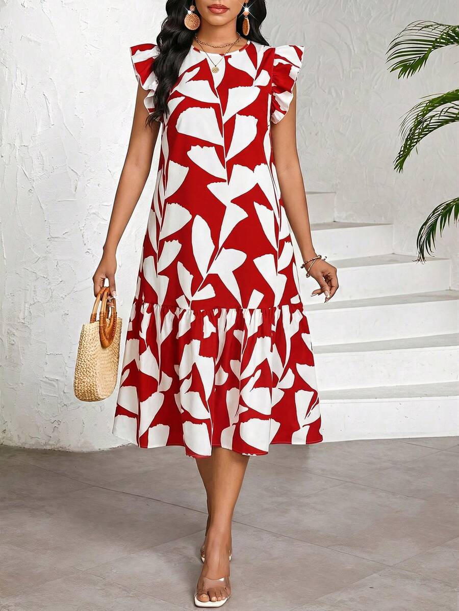 SHEIN Lady 女士中长连衣裙，时尚夏季女装，优雅大方 - 紅白色 - 查看 1