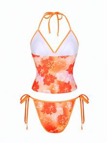 Swim Vcay Women's Summer Beach Floral Print Halter Tie Top And Triangle Bikini Bottom Swimsuit Set - Pink - View 2