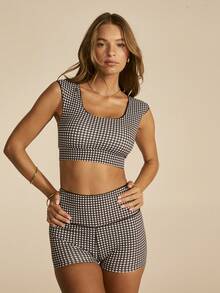 Aralina Women's Plaid Round Neck Cap Sleeve Top And Shorts Casual Sportswear Set - Brown - View 10