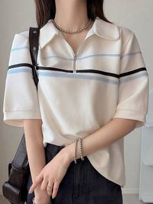 FRIFUL 女士宽松撞色半拉链高领T恤衫（夏季款） - 白色 - 查看 1