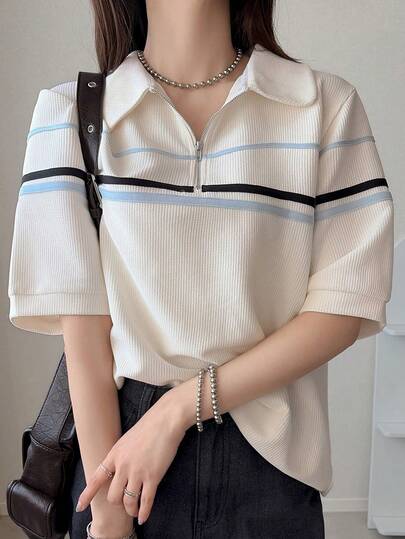 FRIFUL قميص بولو نصف سحاب فضفاض ملون للنساء، صيفي