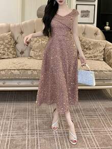 DAZY Women's Glamorous Elegant Party Sequin Off-Shoulder Cinched Waist Dress - White - View 5