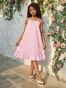 Sparklyn 女童休闲度假碎花条纹蝴蝶结连衣裙，柔软时尚的设计，百搭的夏季穿搭，适合度假、旅行、校园和日常穿着。 - 粉色 - 查看 6