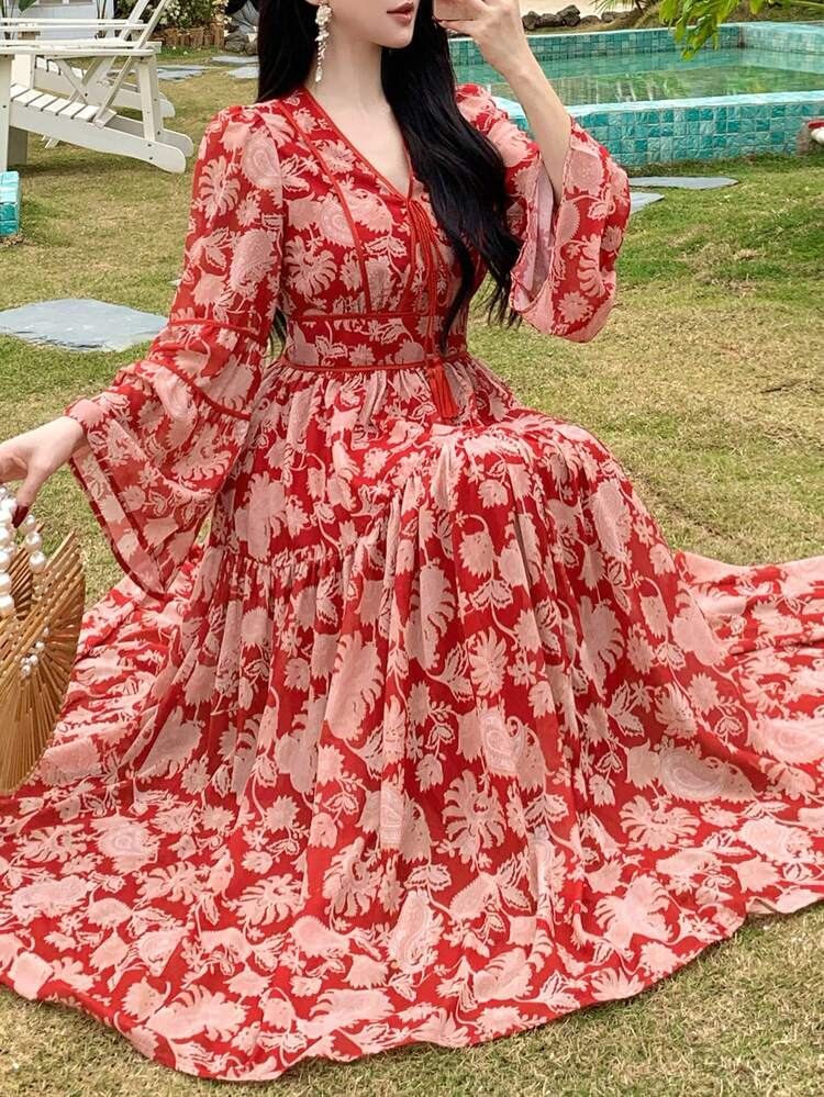 Women's Casual Vacation Style All-Over Print V-Neck Flare Sleeve Dress,Valentine Outfits For Women Sundress Boho