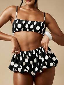 MISSGUIDED Conjunto de top bandeau y falda pantalón con volantes a lunares en blanco y negro, ideal para verano, vacaciones en la playa y festivales - Negro - Ver 6