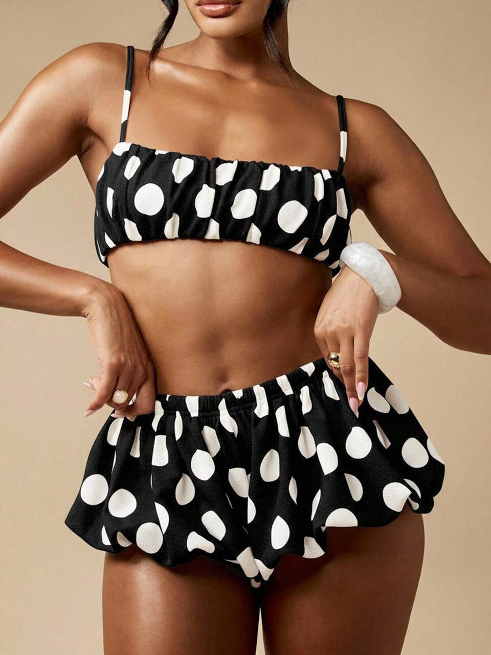 MISSGUIDED Black And White Polka Dot Two Piece Bandeau Top With Ruffle Skort Set Summer Beach Vacation Festival Coordinate Outfit
