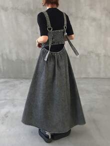 FRIFUL Gaun Denim Kasual Tanpa Punggung Berlubang Warna Polos untuk Wanita, Cocok untuk Liburan Musim Panas - Biru - View 2