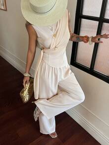 Strévra Women's Sleeveless Mock Neck Top And Casual Pants 2 Pieces Set - Apricot - View 6