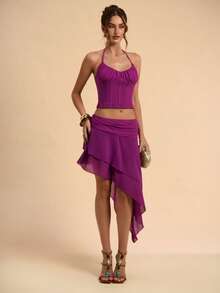 SHEIN BAE Women's Solid Fuchsia Tight Spaghetti Strap Mesh Camisole And Asymmetrical Skirt 2-Piece Set, Mesh 2-Piece Set, Summer Outfit, Spring/Summer - Hot Pink - View 3