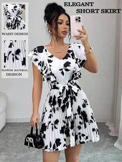 Elenzga Women's Spring/Summer New Arrival Elegant Elegant French Sweet Minimalist High-End Tea Break Outfit, Watercolor Painting Print Design, Pleated Design, Black & White Ruffle Hem Short Sleeve A-Line Mini Dress