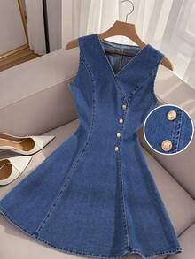 GlowEve Đầm denim nữ cổ chữ V không tay, cài cúc kim loại, thắt eo, thích hợp cho kỳ nghỉ hoặc đi làm. - Màu xanh lam - Xem 8