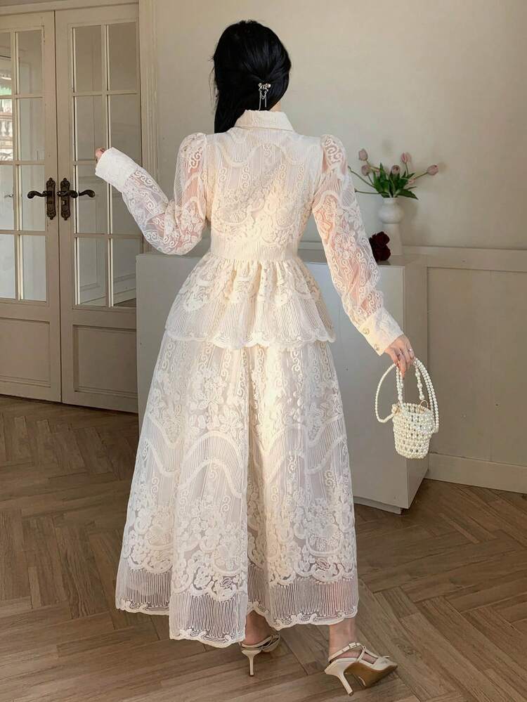 Women's Elegant Lace Petal Sleeve Blouse And Skirt 2 Pieces Set, Summer