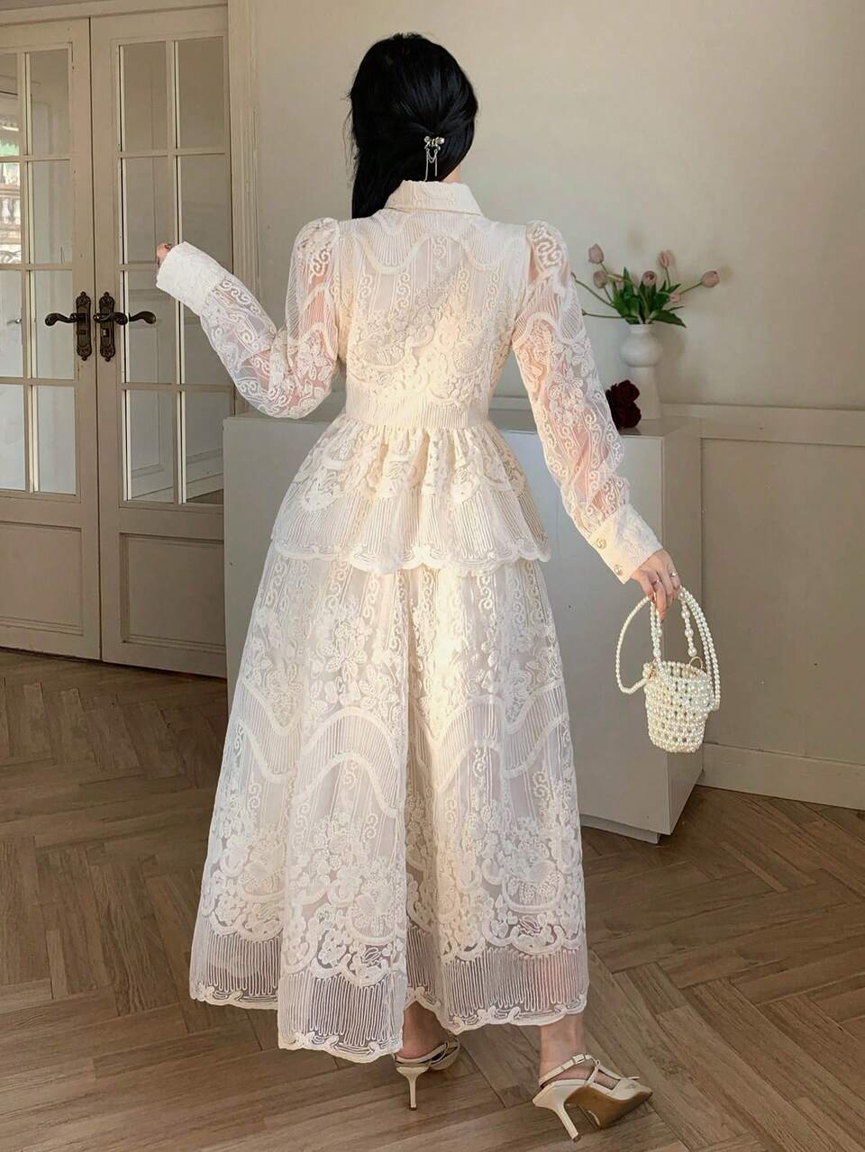 Women's Elegant Lace Puff Sleeve Blouse And Skirt 2 Pieces Set, Summer